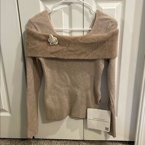 Chicwish Tan Off-the-Shoulder Sweater with Long Sleeves